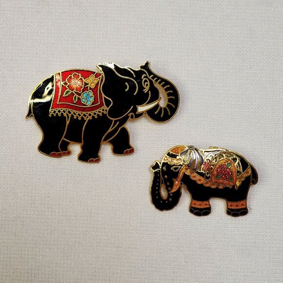 Jewelry - Black Cloisonne Elephant Brooches With Their Trunks Up